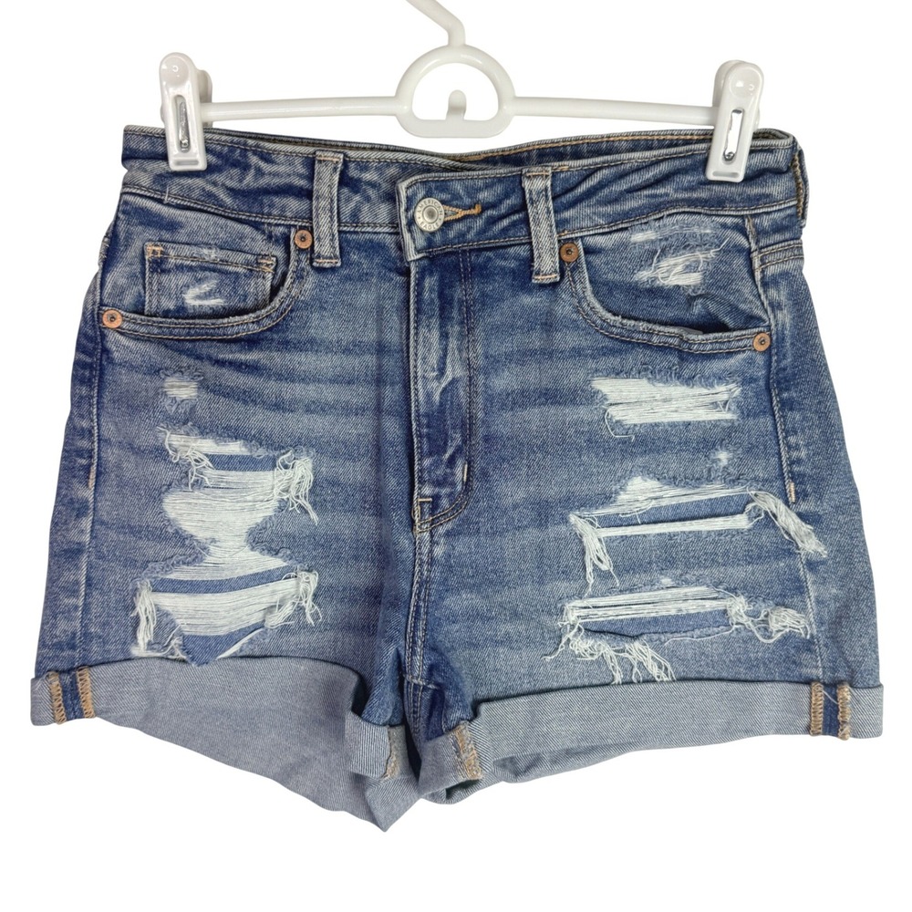 American Eagle Distressed High Waisted Denim Shorts Cuffed Medium Wash Womens 4